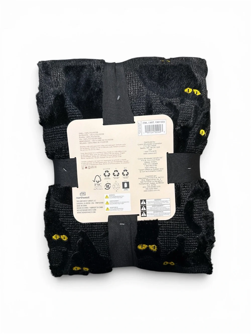 Northwest Black Faux Fur Throw with Yellow Cat Eye Embroidery